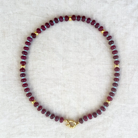 Violetta burgundy jade bead necklace with turquoise accents and gold-plated buoy clasp, full view