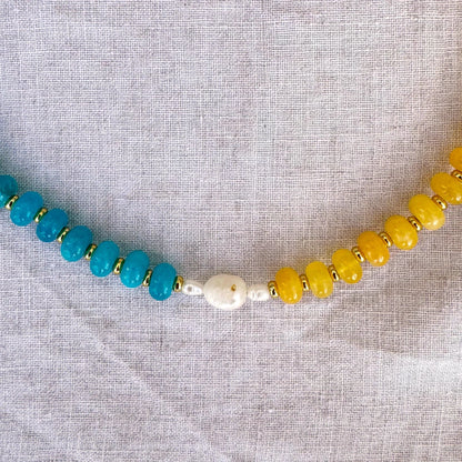 Turquoise and yellow jade bead necklace with freshwater pearls Marisol by Studio Gløra
