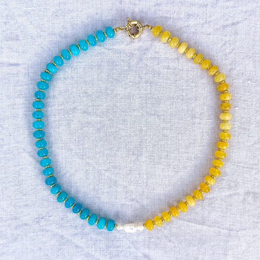 Turquoise and yellow jade bead necklace with freshwater pearls Marisol by Studio Gløra